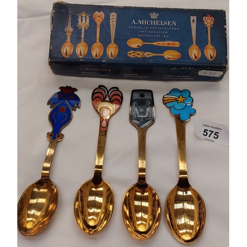 575 - 4 Silver Gilt Enamel Top Spoons