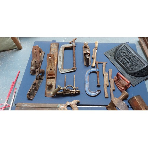 618 - Crate of Vintage Tools in Black Crate inc. Stanley Planes, Clamps, Saws, Spoke Shaves etc