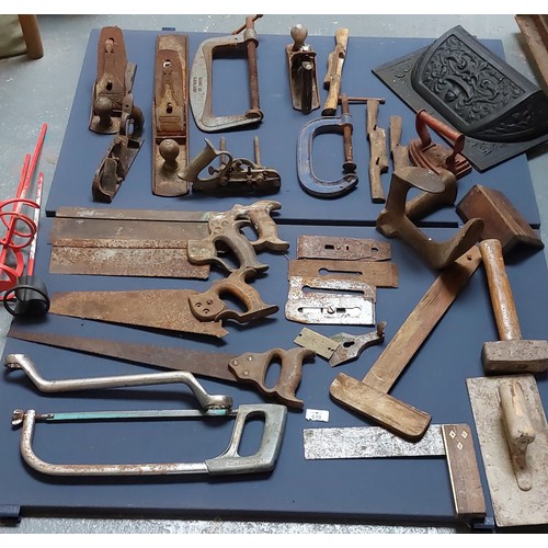 618 - Crate of Vintage Tools in Black Crate inc. Stanley Planes, Clamps, Saws, Spoke Shaves etc