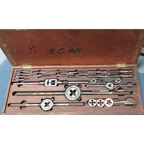 620 - 2 Vintage Tap & Die Cased Sets, Cross Cut Saw, Pipe Cutter, Large Right Angle Tool