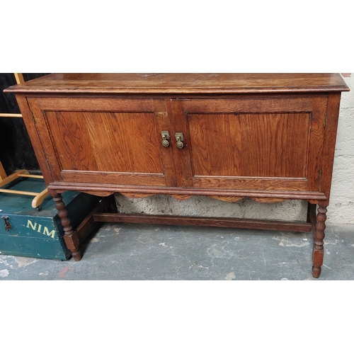 102 - Oak Kitchen Dresser with 2 Cupboard Doors on Stretcher Base - C. 137cm W x 52cm D x 188cm H