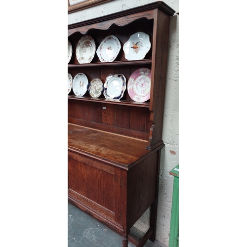 102 - Oak Kitchen Dresser with 2 Cupboard Doors on Stretcher Base - C. 137cm W x 52cm D x 188cm H