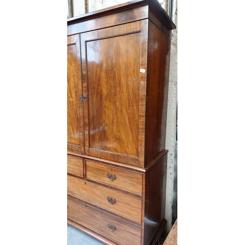 121 - Georgian Mahogany Linen Press Converted to Wardrobe - 2 Mock Top Drawers over Bottom Drawer - C. 126... 