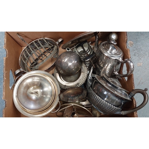 153 - Box of Good Silver Plate inc Tea & Coffee Pots, Dishes, Toast Rack etc