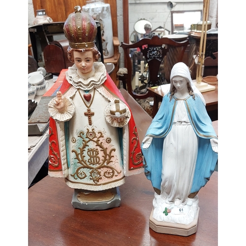 61 - 2 Religious Statues - Child of Prague C. 50cm H & Our Lady C. 41cm H