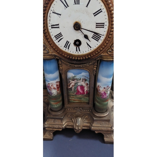 74 - Brass Mantle Clock with Decorative Cherub Figure Columns