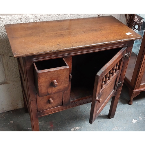 88 - Neat Oak Cabinet with 2 Drawers & Spindle Top Cupboard Door - C. 76cm W x 38cm D x 77cm H