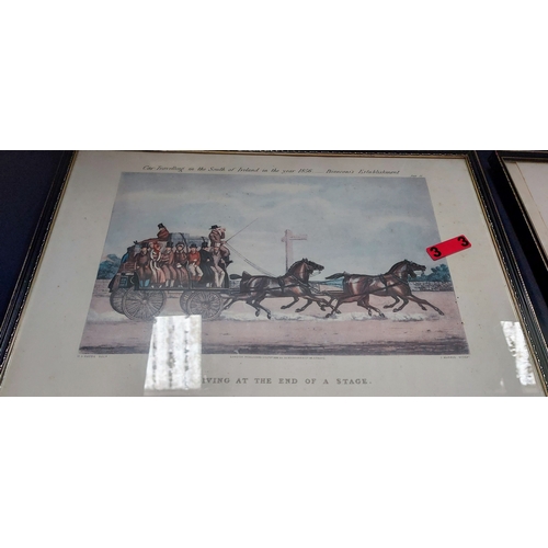 269 - 3 Framed Hunting Prints & 2 Ackermann Irish Horse Drawn Carriage Prints