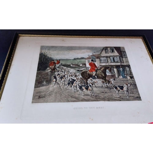 269 - 3 Framed Hunting Prints & 2 Ackermann Irish Horse Drawn Carriage Prints