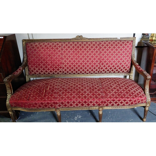 272 - French Style Gilt Framed Upholstered & Studded Settee - C.176cm W x 70cm D x 104cm H