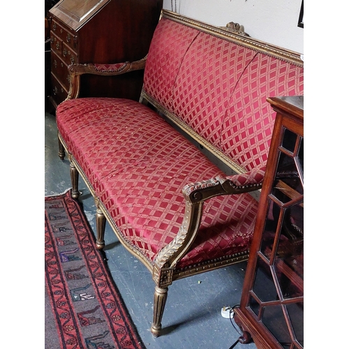 272 - French Style Gilt Framed Upholstered & Studded Settee - C.176cm W x 70cm D x 104cm H