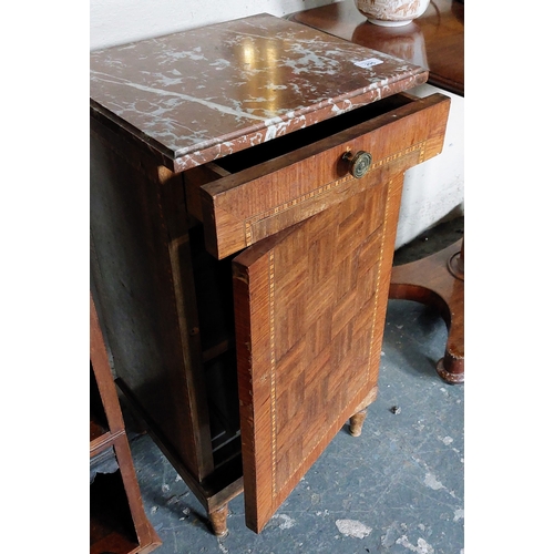 295 - Marble Top Marquetry Inlaid Locker with Drawer - C. 40cm W x 34cm D x 78cm H