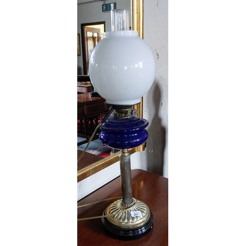 297 - Blue Glass and Brass Victorian Oil Lamp & Shade - C.70cm H