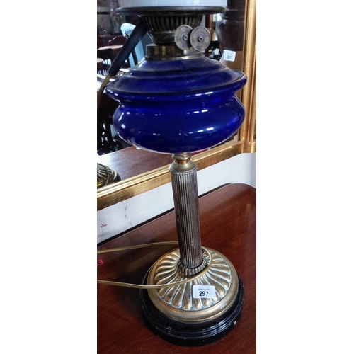 297 - Blue Glass and Brass Victorian Oil Lamp & Shade - C.70cm H