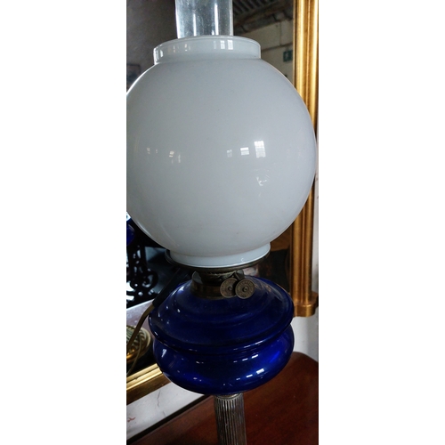 297 - Blue Glass and Brass Victorian Oil Lamp & Shade - C.70cm H