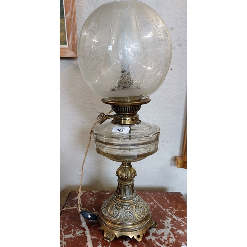 305 - Glass & Brass Converted Oil Lamp with Etched Glass Shade