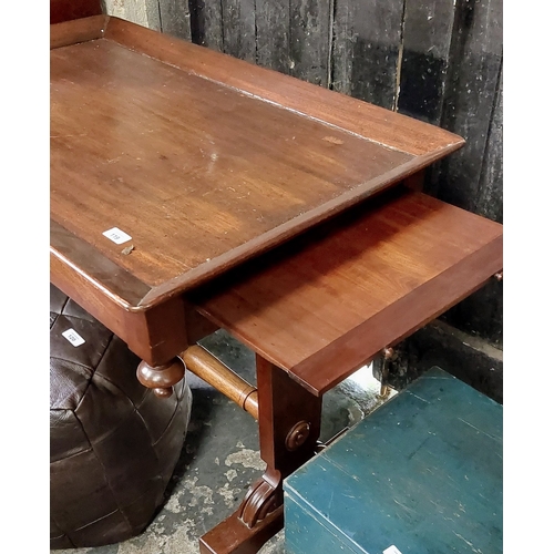 119 - Victorian Mahogany Library Table on Turned Stretcher Base with Extendible Drawer Shelf Sides - C. 10... 