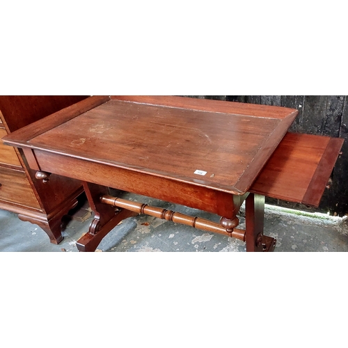 119 - Victorian Mahogany Library Table on Turned Stretcher Base with Extendible Drawer Shelf Sides - C. 10... 