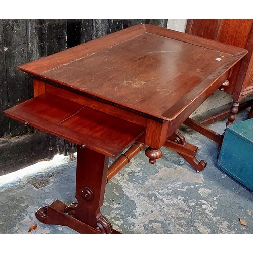 119 - Victorian Mahogany Library Table on Turned Stretcher Base with Extendible Drawer Shelf Sides - C. 10... 