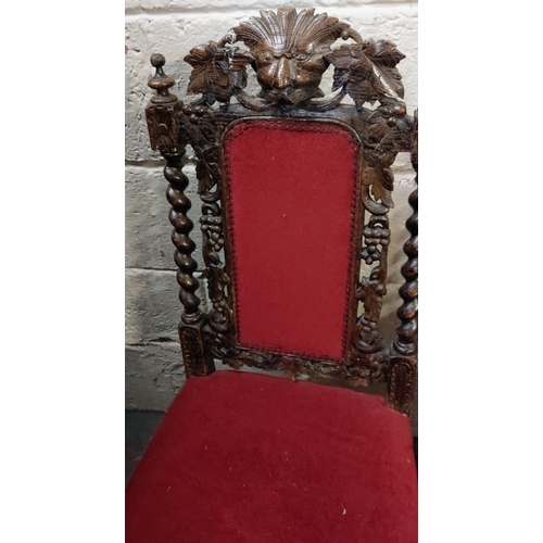 100 - Pair of Highly Carved Oak Hall Chairs - Mask Head Carving, Barley Twist Support with Upholstered Sea... 