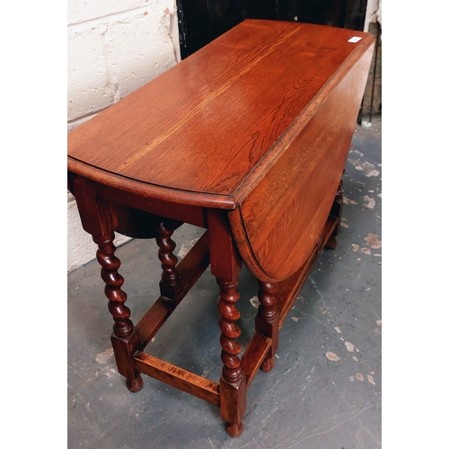 23 - Drop Leaf Oak Gate Leg Table with Barley Twist Supports - C. 90cm W x 40cm D x 74cm H