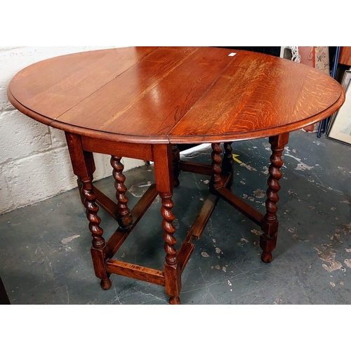 23 - Drop Leaf Oak Gate Leg Table with Barley Twist Supports - C. 90cm W x 40cm D x 74cm H