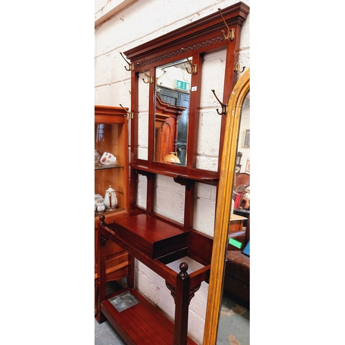 55 - Mahogany Hall Stand with Bevelled Mirror - Complete with Drip Trays - C. 100cm W x 32cm D x 200cm H