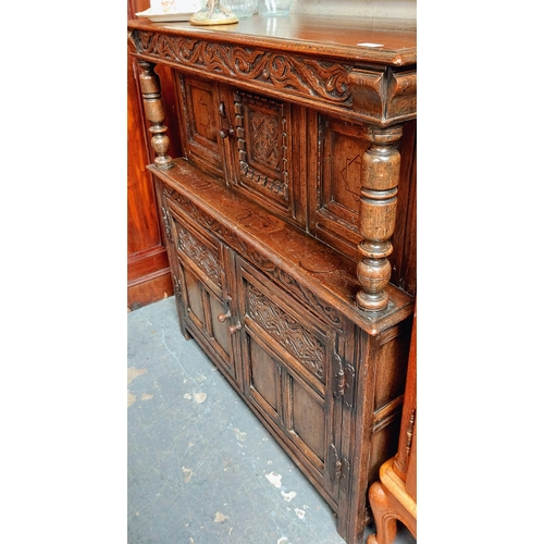 87 - Carved Oak Antique Court Cupboard - C. 111cm W x 44cm D x 123cm H