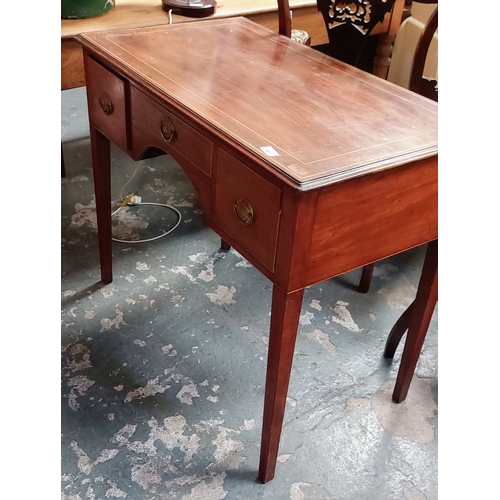 98 - Inlaid Mahogany Kneehole Desk with 3 Drawers - C.91cm W x 50cm D x 77cm H