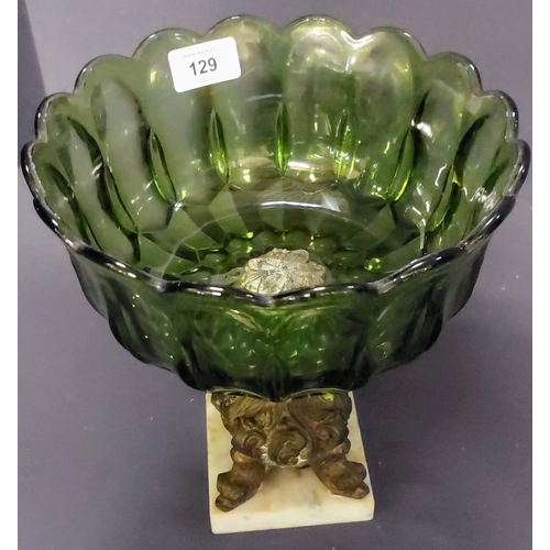 129 - Green Glass Centerpiece Bowl on Brass and Marble Base