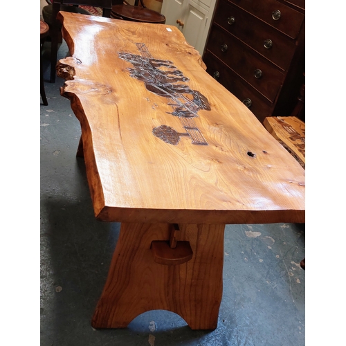 131 - Carved Plank Top Kitchen Table - C. 154cm W x 70cm D x 74cm H