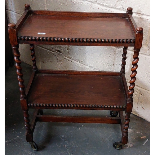 137 - Oak 2-Tier Butlers Trolly with Barley Twist Supports on Castors - C. 65cm W x 40cm D x 82cm H