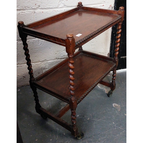 137 - Oak 2-Tier Butlers Trolly with Barley Twist Supports on Castors - C. 65cm W x 40cm D x 82cm H