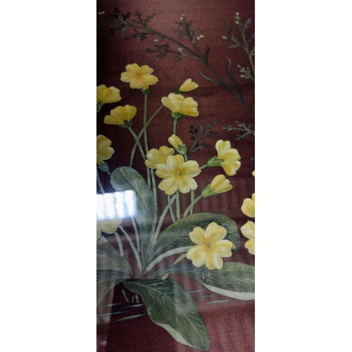 152 - Framed Picture of Primroses on Silk - Initialed AW 1891