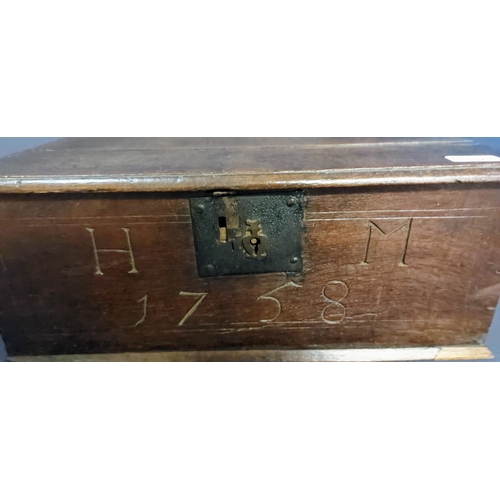 162 - Early Oak Bible Box with Metal Lock and Hinges - Inscribed HM 1758