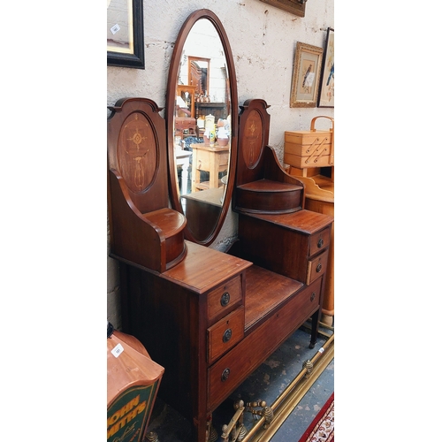 179 - Edwardian Mahogany Inlaid Dressing Table with Mirror - C. 109cm W x 49cm D x 180cm H