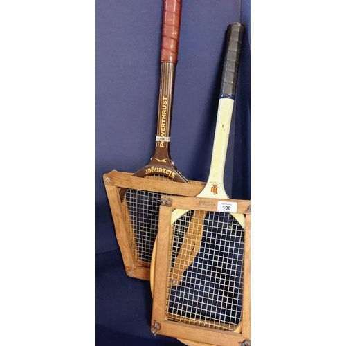 190 - 2 Vintage Wooden Tennis Rackets & Jaques Pick up Sticks Game