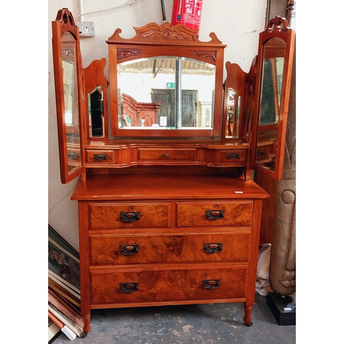 202 - Carved Mahogany Dressing Chest with Bevelled Mirrors and 2 Over 2 Walnut Veneer Drawers - C. 100cm W... 