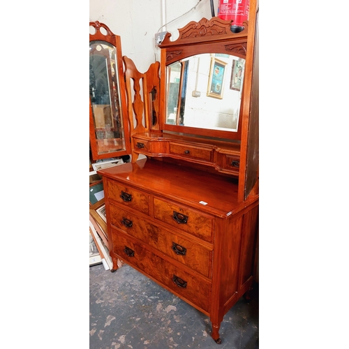 202 - Carved Mahogany Dressing Chest with Bevelled Mirrors and 2 Over 2 Walnut Veneer Drawers - C. 100cm W... 