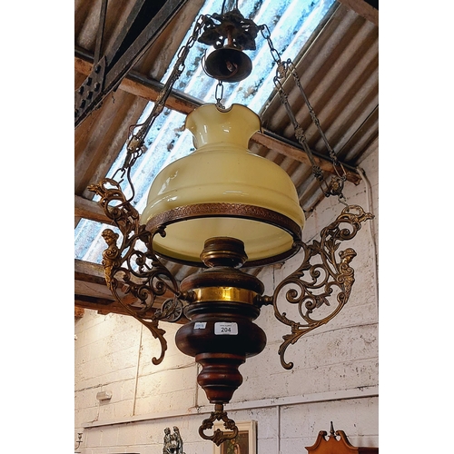 204 - Carved Oak and Brass Hall Light with Milk Glass Shade - C. 80cm H x 50cm W