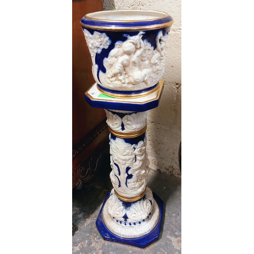 224 - Victorian Glazed Blue & Gilt Jardiniere and Stand - C. 97cm H