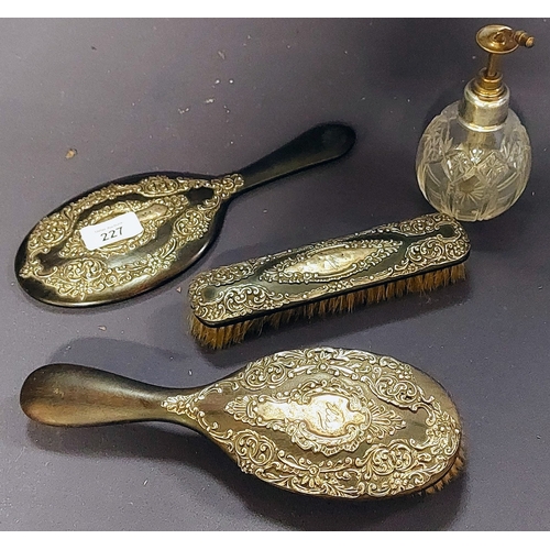 227 - Scent Bottle and Eboinsed Brush & Mirror Set with Birmingham Silver Embossment