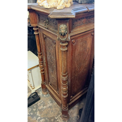 242 - Carved Oak Pedestal Cabinet on Turned Supports with Bronzed Lion Heads - C. 55cm x 55cm x 101cm H