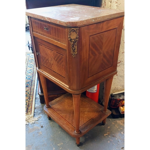 252 - Inlaid French Style Marble Top Pot Cupboard with Ormolu Mounts - C. 42cm W x 38cm D x 84cm H