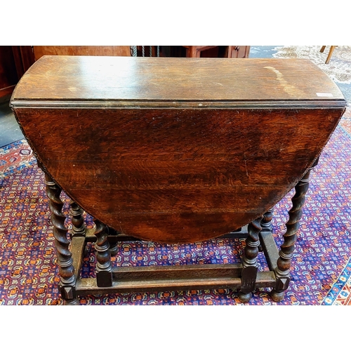 264 - Carved Oak Drop Leaf Gate Leg Table with Barley Twist Legs - C. 84cm W x 34cm D x 77cm H