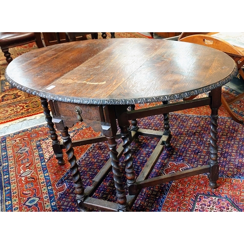 264 - Carved Oak Drop Leaf Gate Leg Table with Barley Twist Legs - C. 84cm W x 34cm D x 77cm H