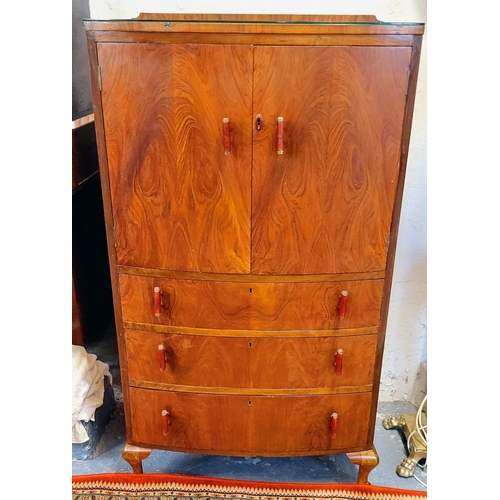 272 - Mid-Century Bow Front Linen Press over 3 Drawers - C. 77cm W x 56cm D x 132cm H