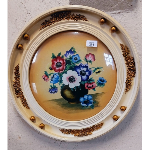 274 - JM Barton Floral Oil on Board - Mounted in Round French Style Frame - C. 48cm W