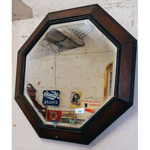 279 - Octagonal Oak Frame Bevelled Mirror - C. 59cm