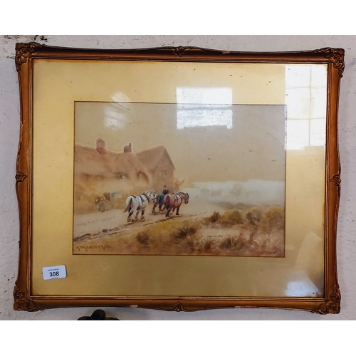 308 - Gilt Framed Watercolour of Draft Horses signed Selcrave